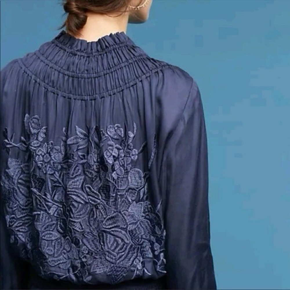 Anthropologie Love Sam Women M Silk Trim Embroidered Blue Bomber Zip Up Floral